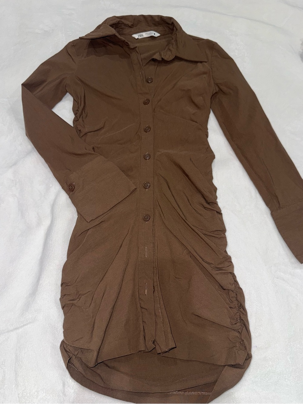 🤎 ZARA Brown Ruched Button-Front Shirt Dress – Long Sleeve – Size M